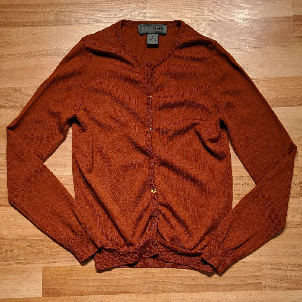 Rust Brown Knit Cardigan Sweater with Slight V-Neck